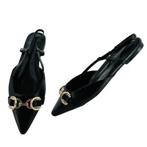JustFab Black Faux Leather Gold Trim Pointed Toe Slip On Sling Back Flats 7